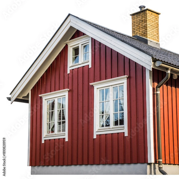 Obraz Red Wooden Cabin Exterior With White Trim And Windows Illuminated By Sunlight