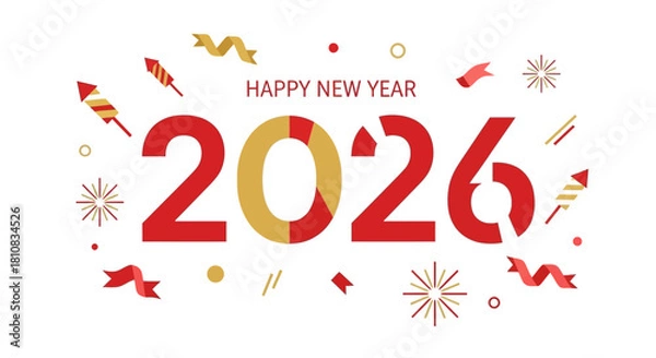 Fototapeta Celebrate a bright New Year 2026 with this festive, modern design featuring fireworks and gold accents perfect for invitations and promotions
