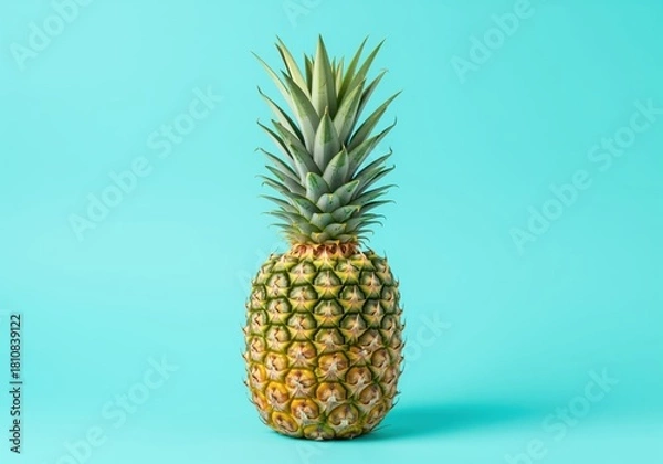 Obraz Vibrant fresh pineapple centered on a bright turquoise minimalist studio background