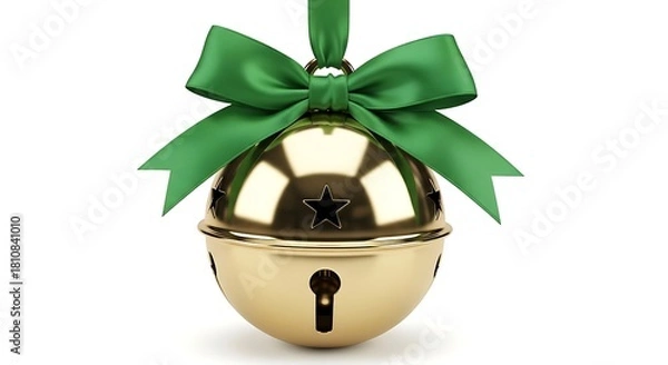 Obraz Golden christmas bell ornament with a vibrant green ribbon bow hanging isolated on white background