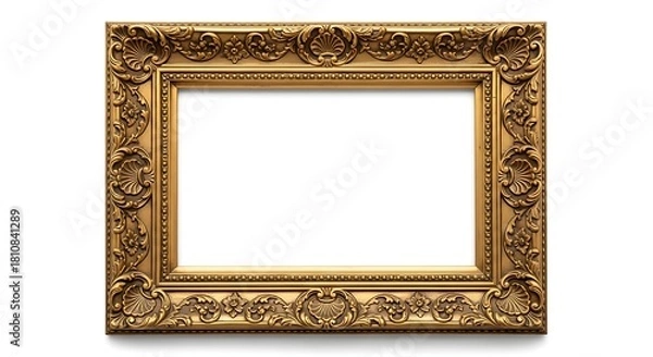 Fototapeta Ornate antique gold picture frame with intricate floral carvings on a clean white background