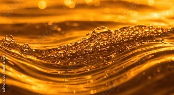 Fototapeta Liquid Gold: Capturing the mesmerizing beauty of a liquid's surface, a golden elixir shimmers with bubbles, reflecting the brilliance of the sun, invoking feelings of warmth and allure.