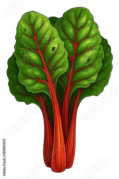 Fototapeta Vibrant bunch of fresh red chard with bright green leaves and striking red stems isolated on white