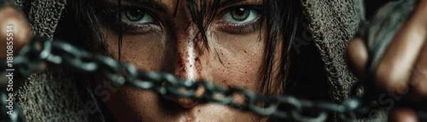 Fototapeta Martial arts woman in action with chain belt concept. An intense portrait of a person with chains, capturing strength.