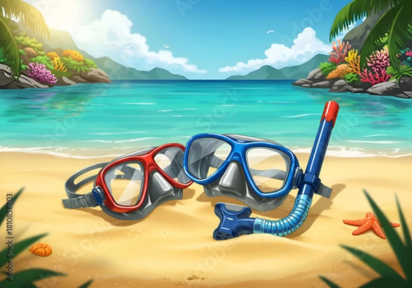 Fototapeta Red and blue snorkeling gear resting on a tropical beach. Colorful equipment on sand near the ocean, with tranquil background scene.