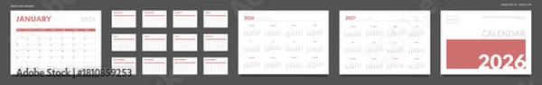Fototapeta 2026 Calendar Planner Set of Template grid Monthly Page, Cover with Place for Photo, Company Logo, Annual 2026, 2027. Vector layout of wall or desk organizer ready print. Week start Monday. Pages A4