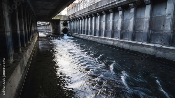 Fototapeta Concrete channel with flowing water under an urban bridge, part of a drainage or industrial water system.