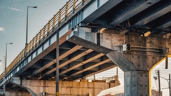 Fototapeta A detailed view of a modern concrete and steel overpass structure with streetlights against a bright sky.