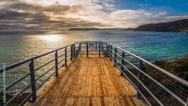 Fototapeta A wooden viewing platform with metal railings overlooking a vast ocean at sunset, with distant coastline and dramatic cloudy sky.