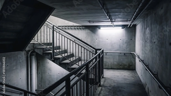 Fototapeta Dark and stark concrete stairwell with metal railings leading down into a dimly lit basement hallway.