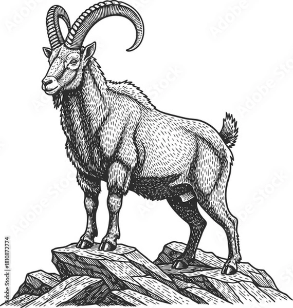 Fototapeta Ibex standing on rugged rocks in a powerful pose as a monochrome animal illustration