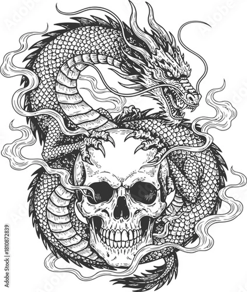 Fototapeta Intricate mythical dragon intertwined with a human skull for fantasy and gothic themes