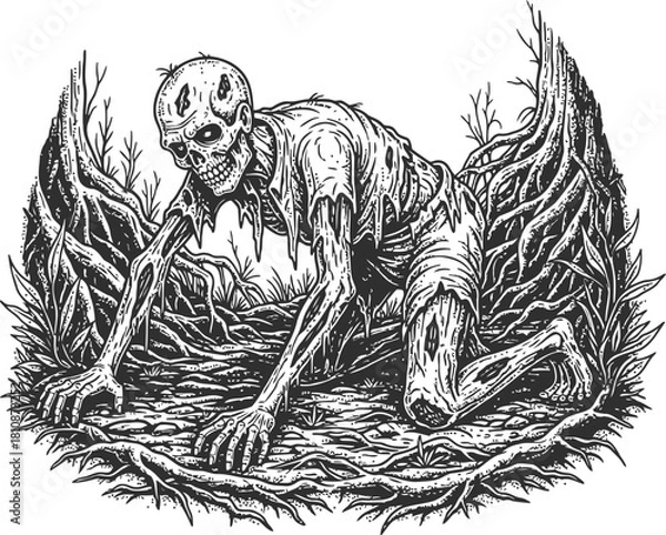 Fototapeta Monstrous shadowy figure emerging from a dense thicket of dark, twisted vegetation