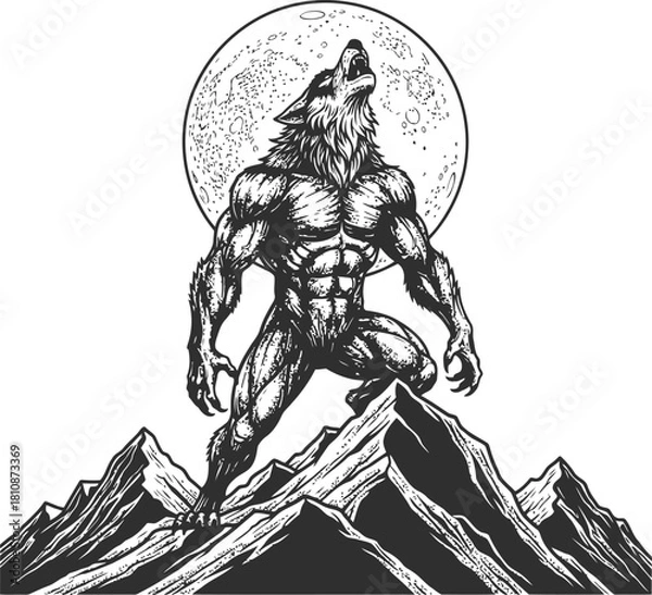 Fototapeta Mythological creature howling at a full moon atop a rugged mountain peak