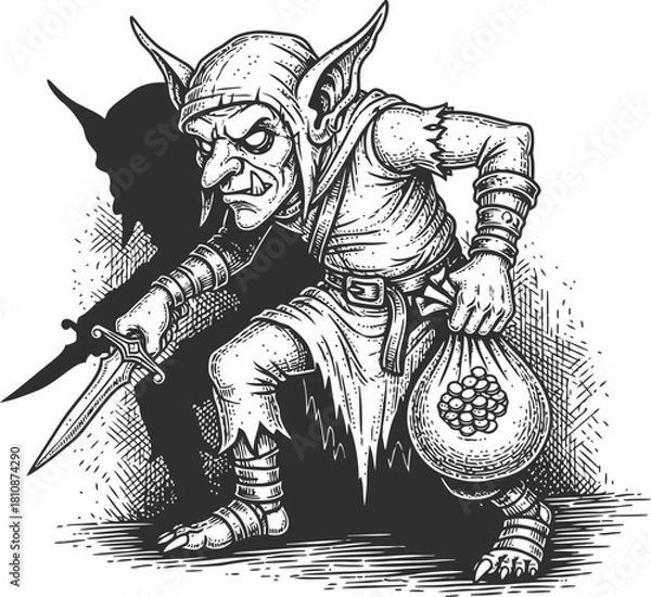Fototapeta Sinister goblin creature with pointed ears holding a blade and a money bag