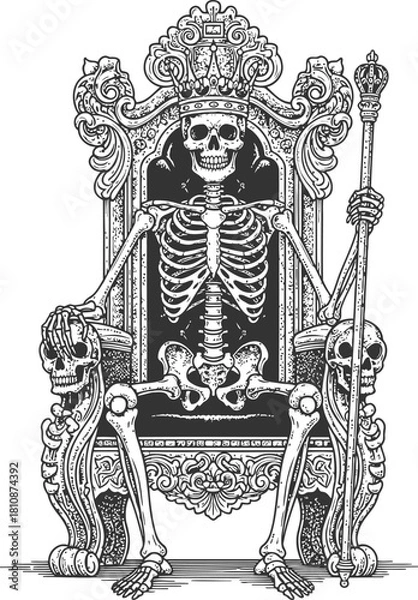 Fototapeta Skeleton monarch on an ornate throne holding a royal scepter in a dark setting