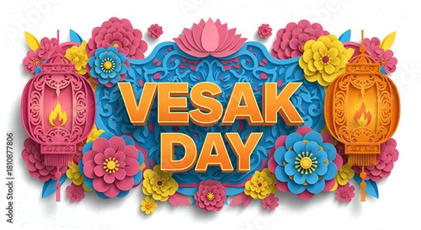 Fototapeta 3D papercut style. colorful pastel and vibrant color for vesak day. waisak. fun template for greeting cards, invitations, banners, wallpapers