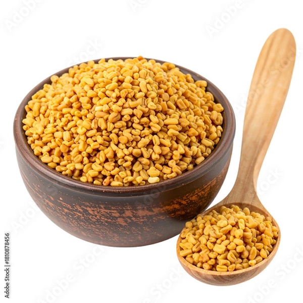 Fototapeta Firefly_Dried fenugreek seeds in a bowl and spoon on white or transparent background