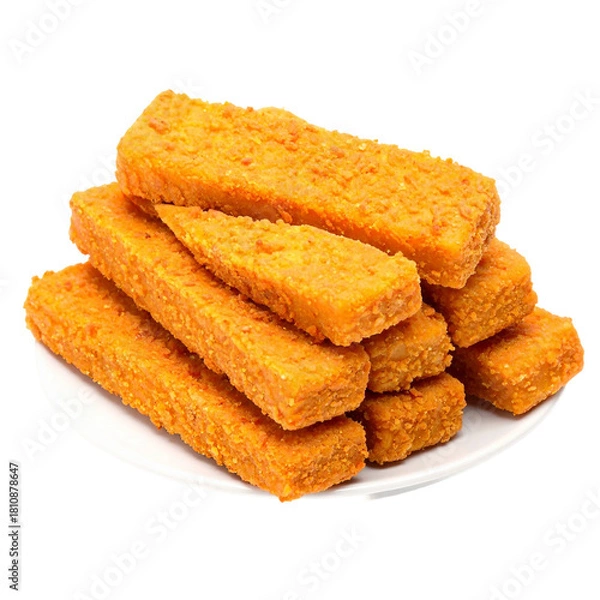 Fototapeta Fish sticks fried on white plate isolated on white and transparent background