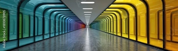 Fototapeta Paint store display with color swatches concept. Colorful corridor with vibrant lighting and modern design elements.