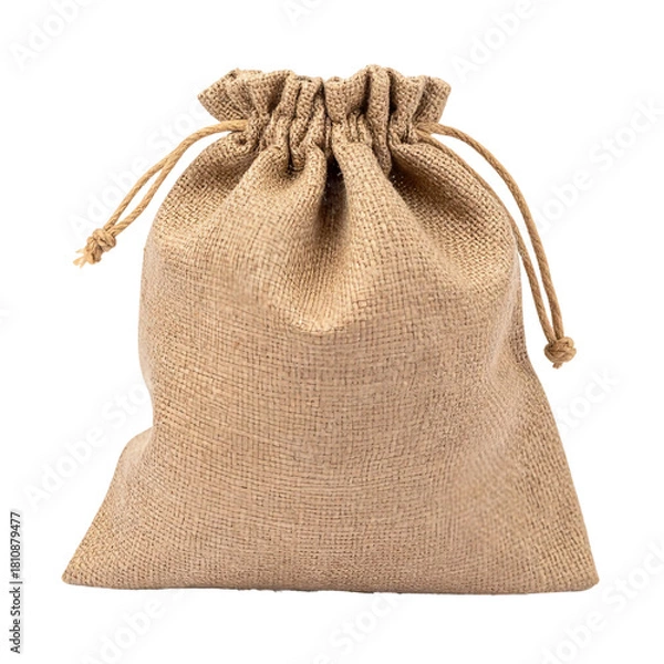 Fototapeta Front view of empty burlap drawstring gift bag isolated on white background