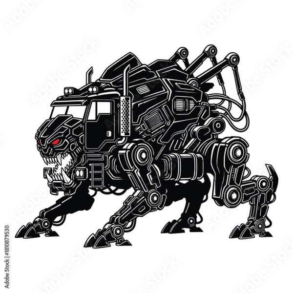 Fototapeta Mechanical monster truck isolated on white background, a formidable vehicle with robotic legs and a menacing expression, ready to crush any obstacle