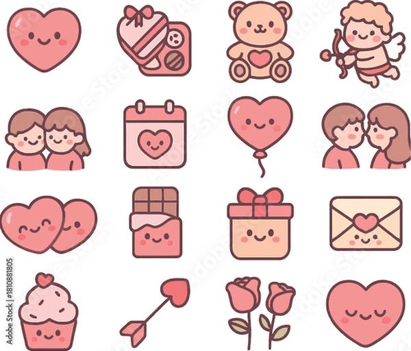 Fototapeta A set of funny cartoon heart icons for baby, child, or wedding design, featuring pink pig and flower vector illustrations for a fun Valentine's Day card pattern.