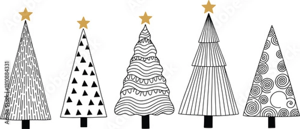 Fototapeta Set of five decorative hand drawn Christmas trees with gold stars, black and white doodle line art for holiday design