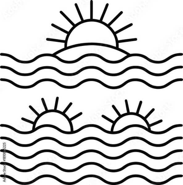 Fototapeta Minimalist Ocean Sunset Icon with Waves and Rising Suns Vector Art