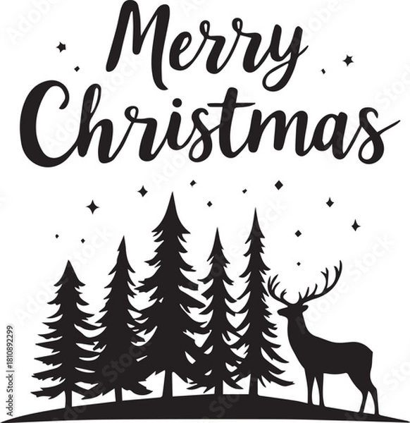 Obraz Merry Christmas Vector Lettering with Reindeer and Pine Tree Forest Silhouette Design