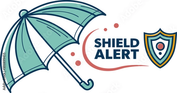 Obraz Flat vector illustration showing umbrella protecting laptop with lock and warning shield, symbolizing cybercrime risks, data breach alerts and online security for tech banners, apps and infographics.