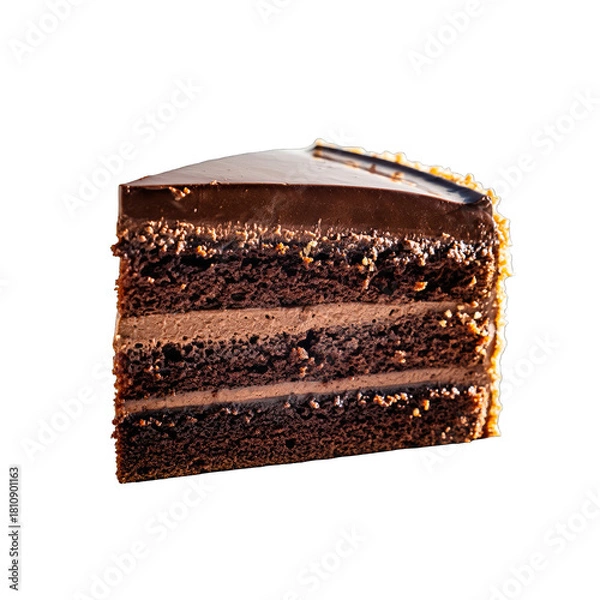 Obraz Slice of Rich Chocolate Cake with Cream Filling and Dark Chocolate Glaze Isolated on Black Background Studio Shot