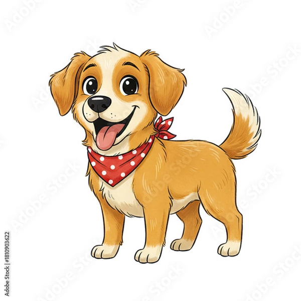 Obraz Smiling Golden Retriever Puppy Dog Wearing Red Polka Dot Bandana Standing Proudly on Transparent Background