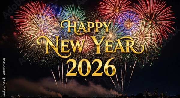 Obraz Happy new year 2026 greeting with golden text and colorful fireworks display against a dark night sky, perfect for festive celebrations