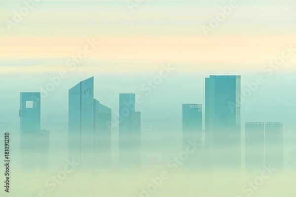 Fototapeta City buildings emerging from the fog creating a surreal and dreamy urban landscape view