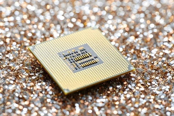 Fototapeta Close up of a computer processor on a glittering background for technology enthusiasts