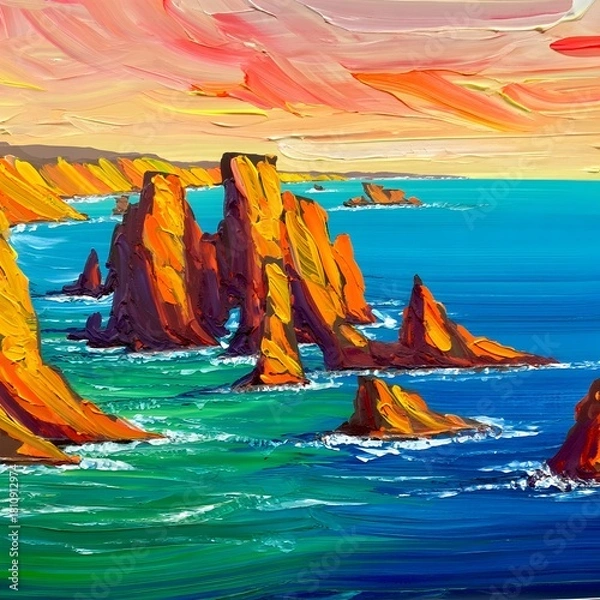 Fototapeta Coastal cliffs and ocean painting with vibrant colors and textured brushstrokes style