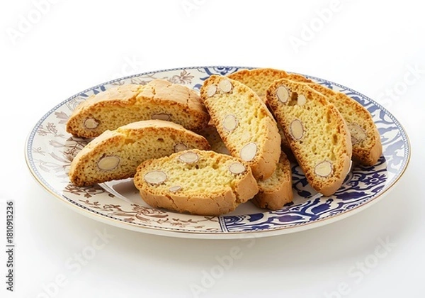 Fototapeta Delicious almond biscotti cookies arranged on a decorative plate against a white background