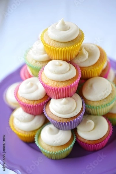 Fototapeta Colorful cupcakes with white frosting stacked on a purple plate for a party treat