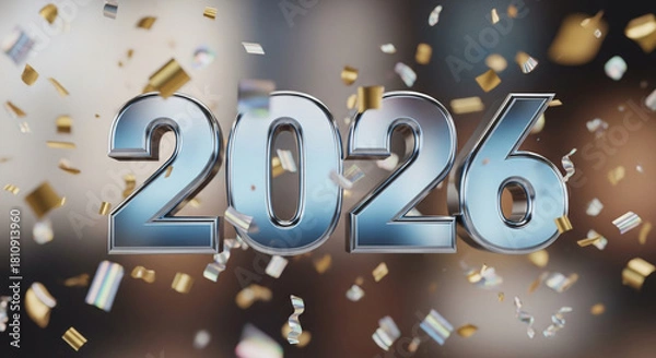 Obraz A shimmering silver 2026 new year design with falling confetti, creating a festive and celebratory atmosphere for the upcoming year, perfect for greetings and invitations