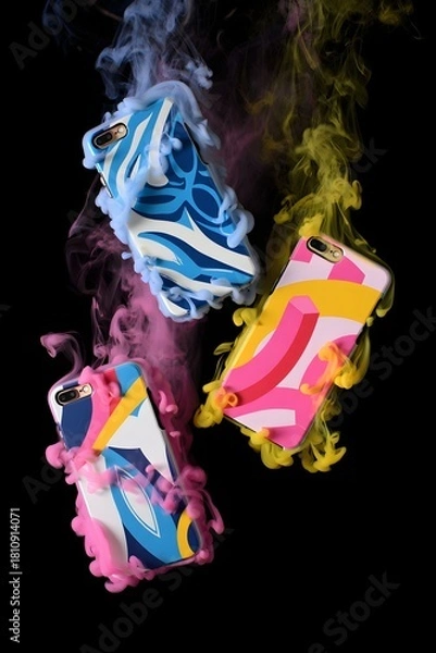 Fototapeta Colorful phone cases with smoke on a black background in a studio setting