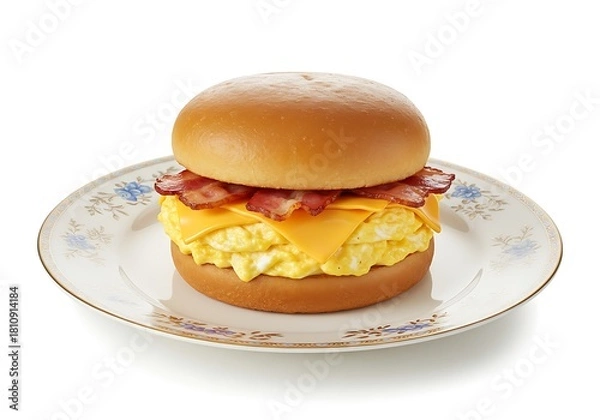 Fototapeta Delicious breakfast sandwich on plate with eggs bacon and cheese isolated