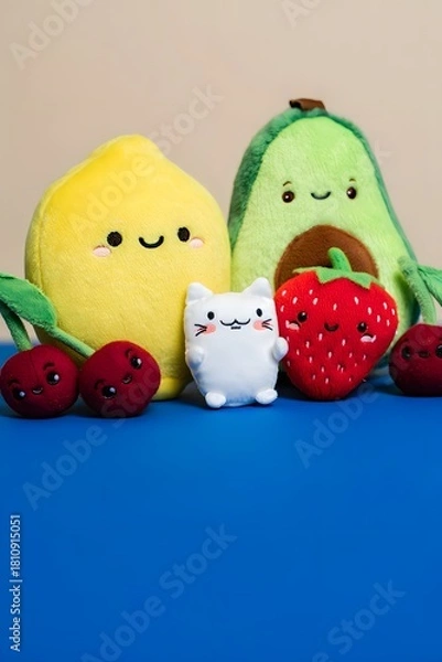 Fototapeta Cute fruit and cat plushies on a blue surface, arranged in a playful and colorful display