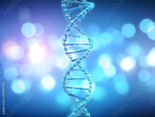 Fototapeta Dna double helix structure on a blurred blue background with glowing bokeh effect design for science and research themes