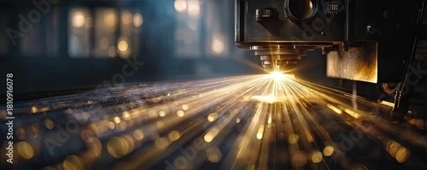 Fototapeta Old cinema projector operating with film concept. Close-up shot of a laser cutting machine in action.