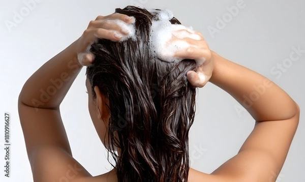 Obraz luxury beauty haircare advertisement, back view of an American woman washing her hair, extremely rich and dense shampoo foam covering wet dark hair