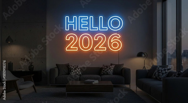 Obraz Neon sign displaying hello 2026 illuminates a modern living room at twilight, creating a cozy and inviting atmosphere for the upcoming new year