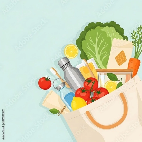 Fototapeta A vibrant illustration showcasing a reusable canvas bag overflowing with fresh produce, zero-waste products, and eco-friendly items for sustainable living.