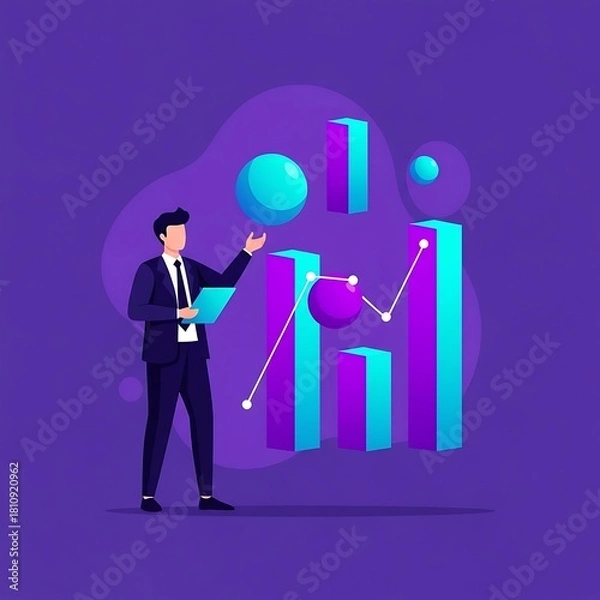 Fototapeta Professional businessman analyzing modern 3D data charts and graphs on a vibrant purple background. Ideal for business intelligence, marketing analytics, and financial reports.