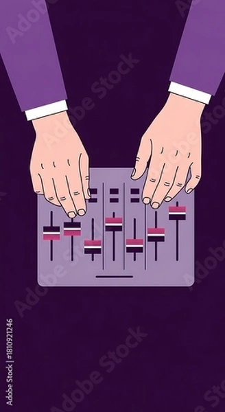 Fototapeta An illustration of hands adjusting faders on an audio mixing board, symbolizing sound control, music production, or setting adjustments. Perfect for tech, sound, or creative projects.